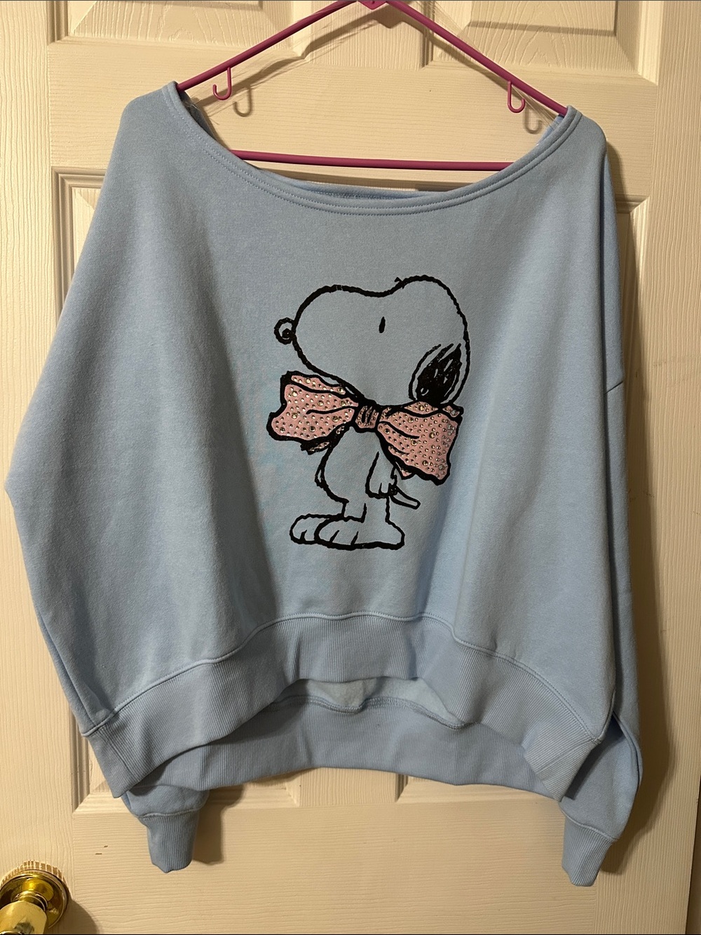 Peanuts Light Blue Off-Shoulder Snoopy Sweater with Pink Bow